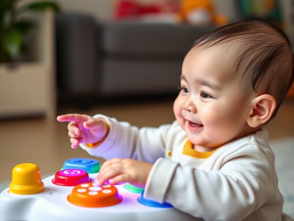 10-miesięczne dziecko bawiące się interaktywną zabawką muzyczną, naciskające kolorowe przyciski 10-miesięczne dziecko bawiące się interaktywną zabawką muzyczną, naciskające kolorowe przyciski