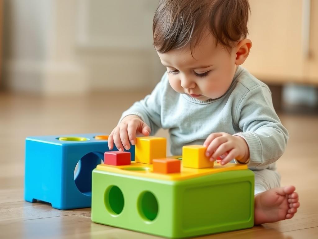 10-miesięczne dziecko bawiące się sorterem kształtów, wkładające klocki do odpowiednich otworów 10-miesięczne dziecko bawiące się sorterem kształtów, wkładające klocki do odpowiednich otworów