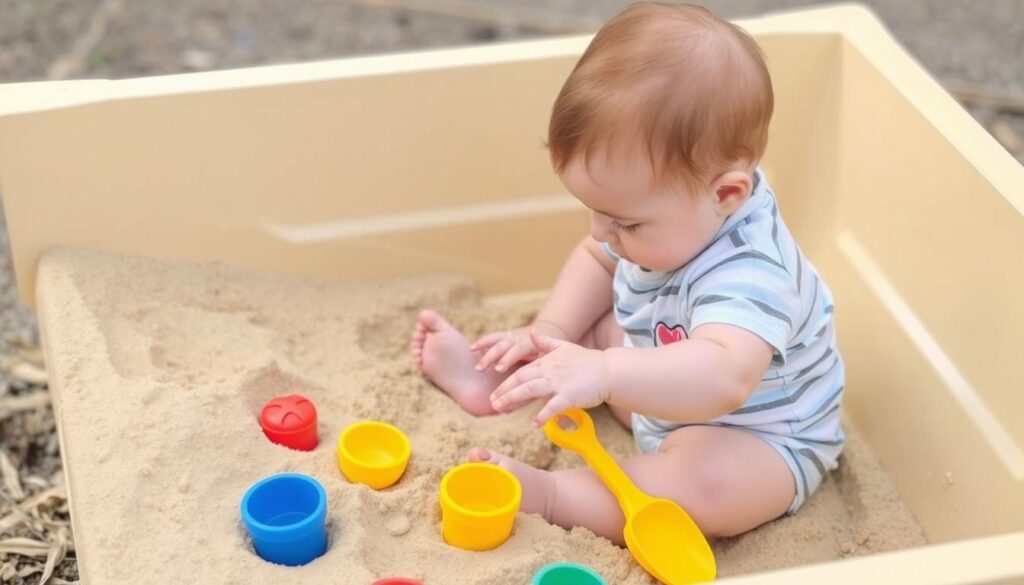 10-miesięczne dziecko bawiące się w piaskownicy z bezpiecznymi zabawkami do piasku 10-miesięczne dziecko bawiące się w piaskownicy z bezpiecznymi zabawkami do piasku