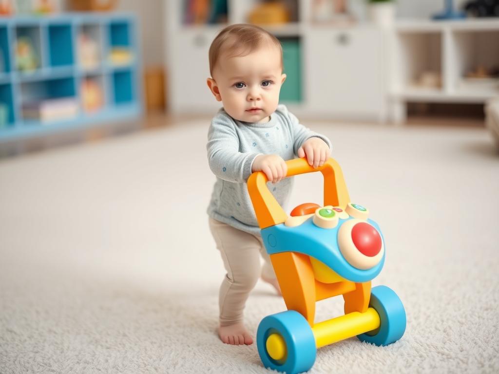 10-miesięczne dziecko bawiące się zabawką typu pchacz, uczące się chodzić 10-miesięczne dziecko bawiące się zabawką typu pchacz, uczące się chodzić