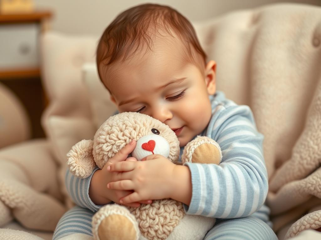 10-miesięczne dziecko przytulające pluszową maskotkę, pokazujące przywiązanie emocjonalne