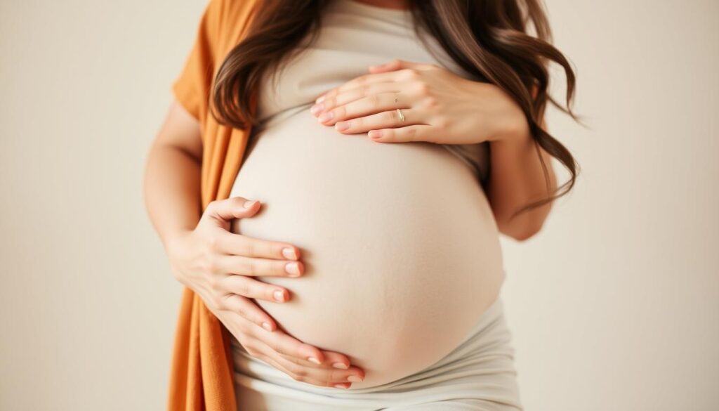 Brązowe plamienie w ciąży - szczęśliwa kobieta w zaawansowanej ciąży