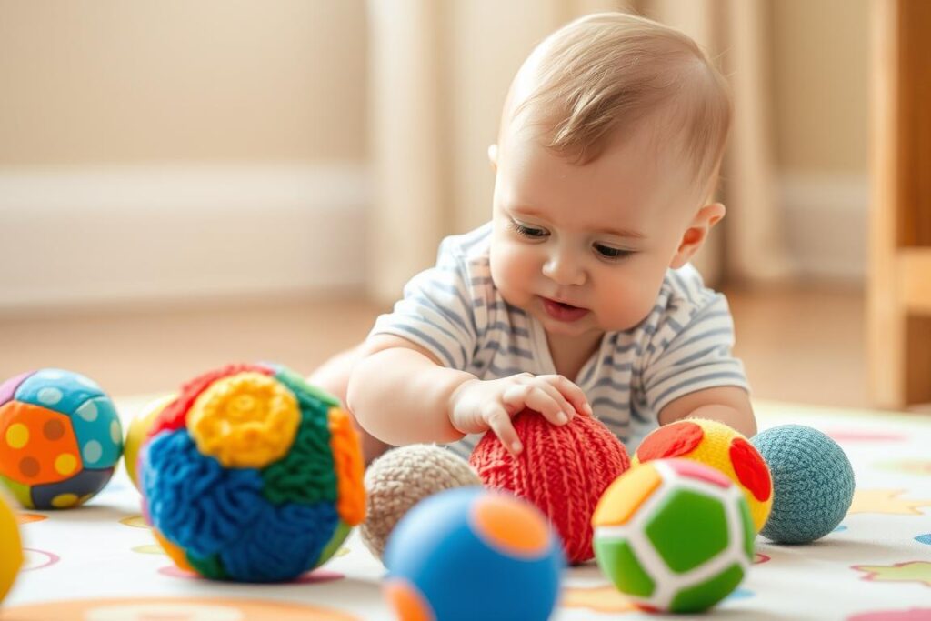 Dziecko bawiące się kolorowymi piłeczkami sensorycznymi o różnych fakturach Dziecko bawiące się kolorowymi piłeczkami sensorycznymi o różnych fakturach