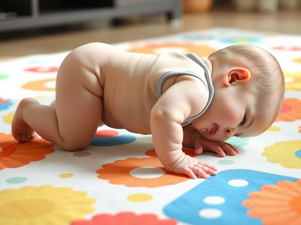 Dziecko w fazie przejściowej między pełzaniem a czworakowaniem Dziecko w fazie przejściowej między pełzaniem a czworakowaniem