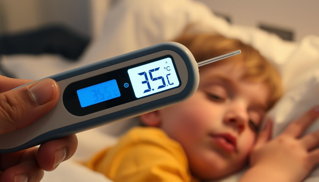 Dziecko z niską temperaturą ciała, termometr wskazujący temperaturę poniżej 36 stopni Celsjusza