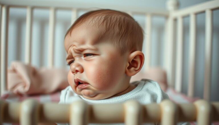 Histeryczny płacz niemowlaka przed zaśnięciem - zdenerwowane dziecko płaczące w łóżeczku