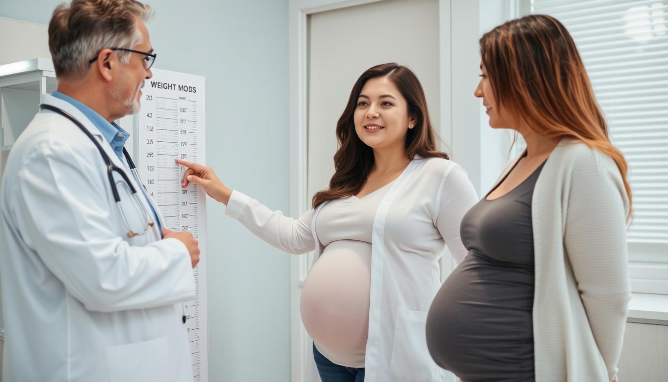 Kobieta w ciąży na wizycie u lekarza omawiająca przyrost wagi