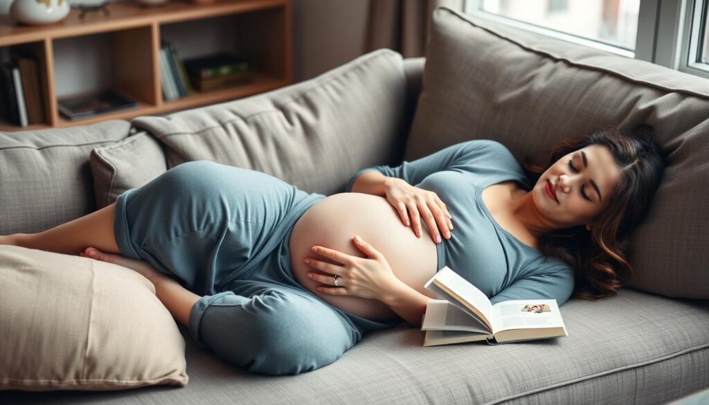 Kobieta w ciąży odpoczywająca na kanapie, co może zwiększyć odczuwanie ruchów dziecka w brzuchu