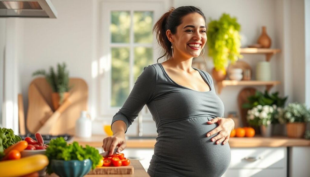 Kobieta w ciąży przygotowująca zdrowy posiłek Kobieta w ciąży przygotowująca zdrowy posiłek