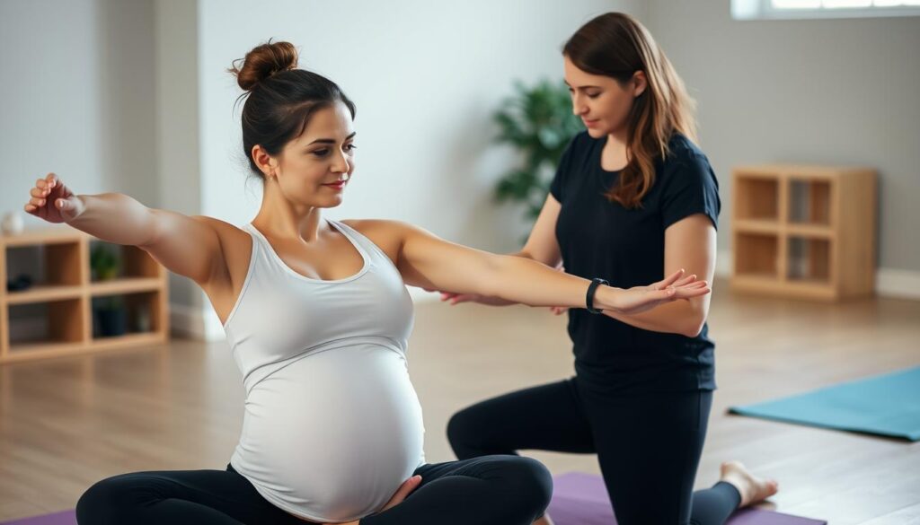 Kobieta w ciąży wykonująca bezpieczne ćwiczenia Kobieta w ciąży wykonująca bezpieczne ćwiczenia