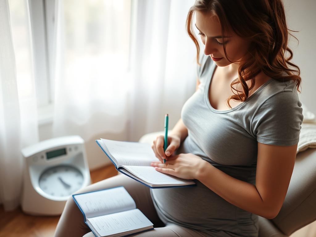 Kobieta w ciąży zapisująca swoją wagę w dzienniku Kobieta w ciąży zapisująca swoją wagę w dzienniku
