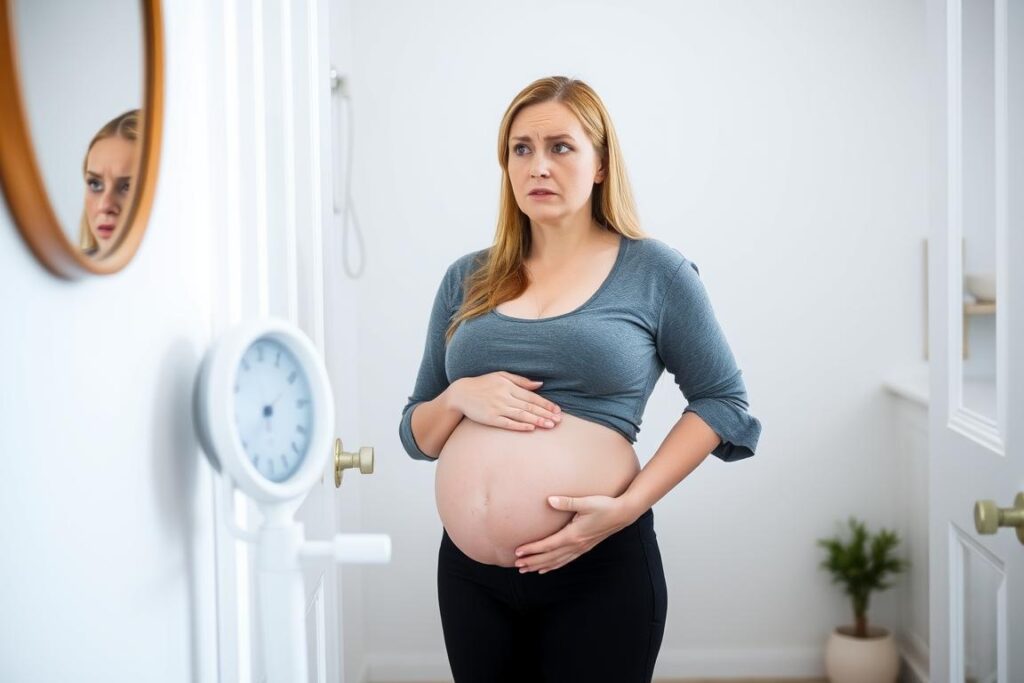 Kobieta w ciąży zastanawiająca się nad przyczynami szybkiego tycia Kobieta w ciąży zastanawiająca się nad przyczynami szybkiego tycia