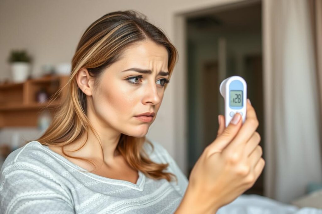 Kobieta z termometrem - gorączka w połogu jest niepokojącym objawem Kobieta z termometrem - gorączka w połogu jest niepokojącym objawem