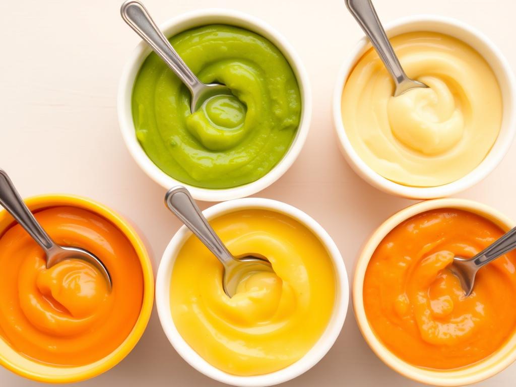 Kolorowe purée warzywne dla niemowląt w małych miseczkach