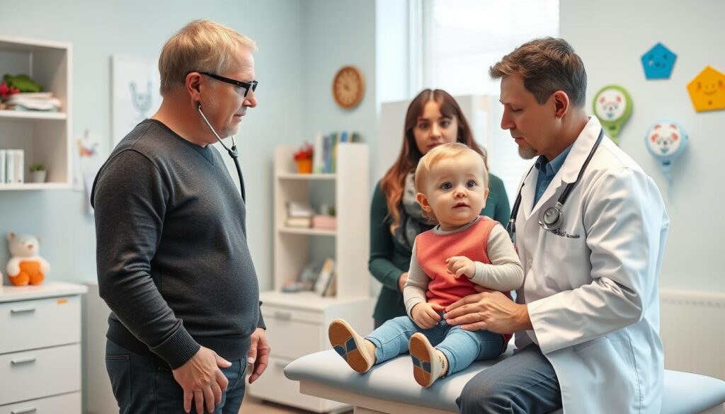 Lekarz badający dziecko z niską temperaturą ciała