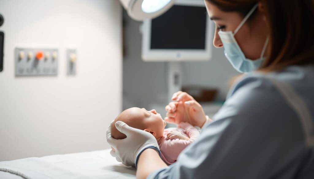 Lekarz badający odruch Moro u noworodka