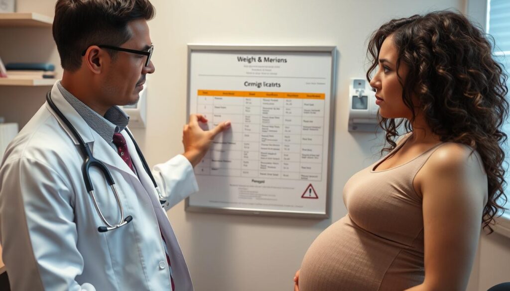 Lekarz omawiający z pacjentką w ciąży ryzyko związane z nadmiernym tyciem Lekarz omawiający z pacjentką w ciąży ryzyko związane z nadmiernym tyciem