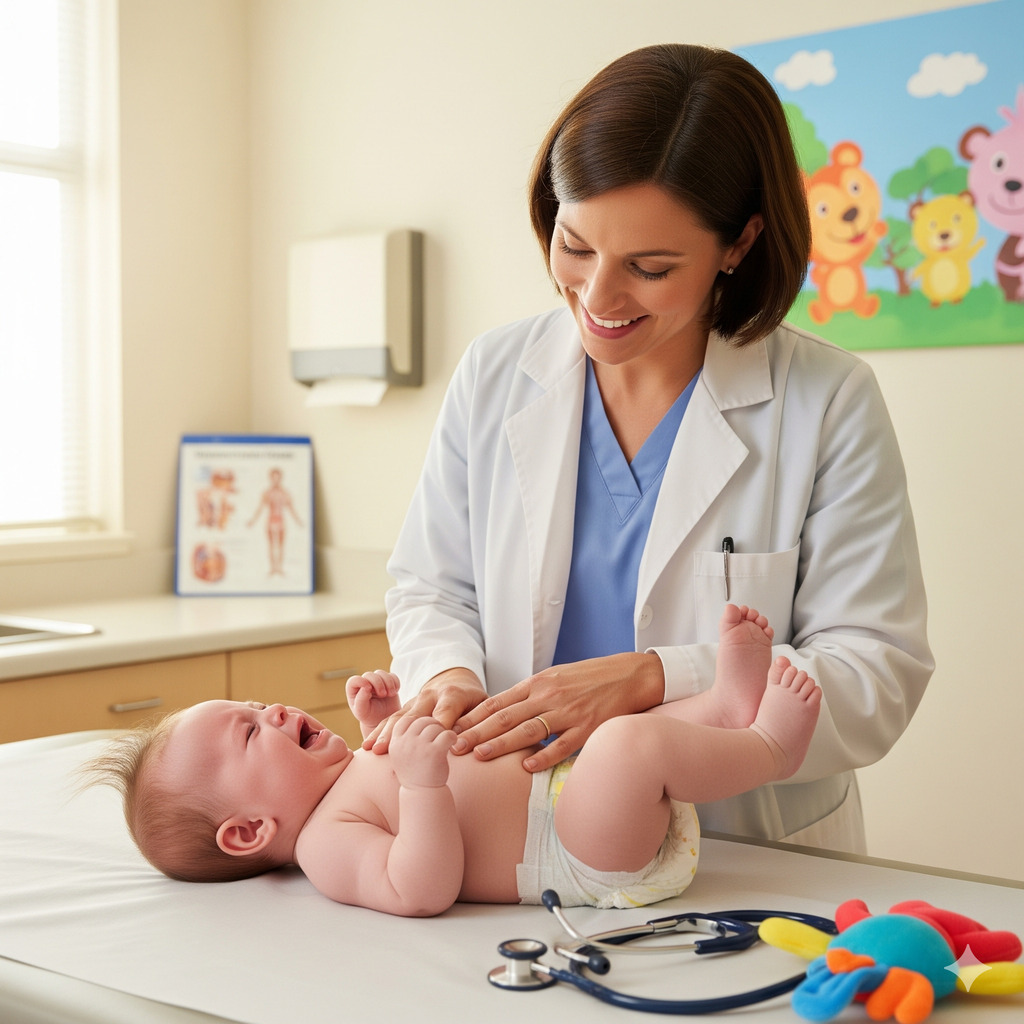 Lekarz pediatra badający niemowlaka z problemami jelitowymi Lekarz pediatra badający niemowlaka z problemami jelitowymi