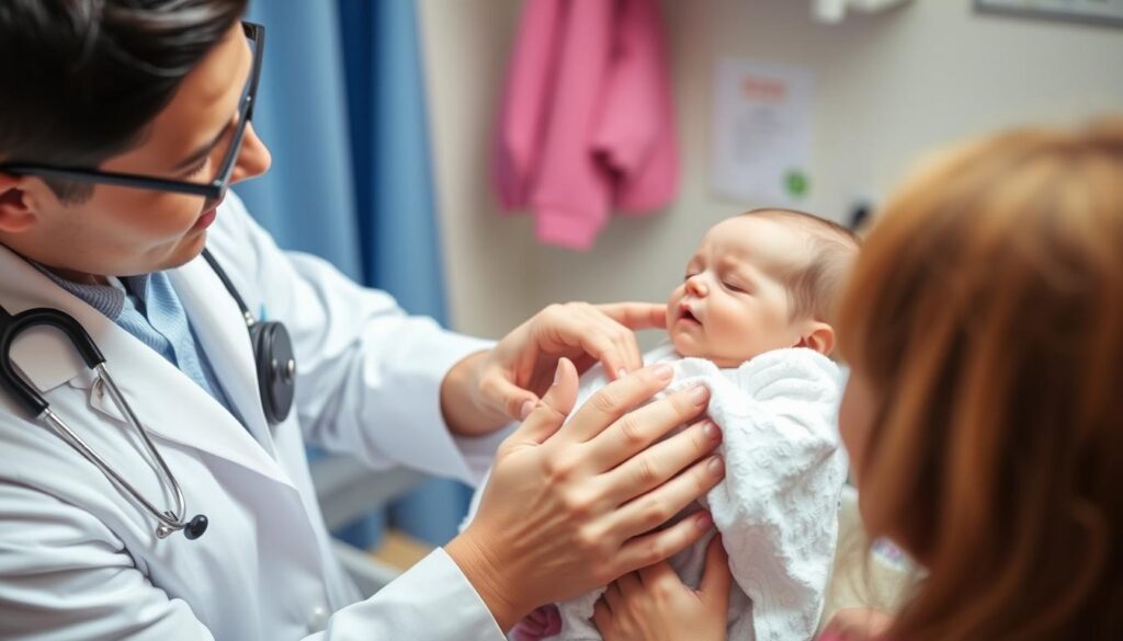 Lekarz pediatra badający noworodka z lanugo co to Lekarz pediatra badający noworodka z lanugo co to