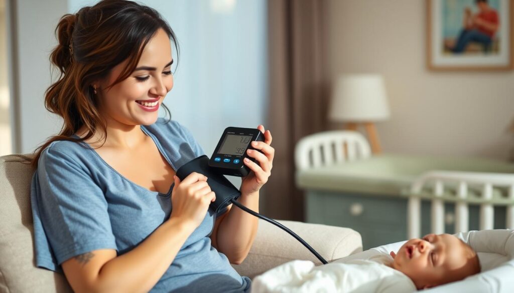 Młoda mama mierząca ciśnienie w domu po porodzie Młoda mama mierząca ciśnienie w domu po porodzie