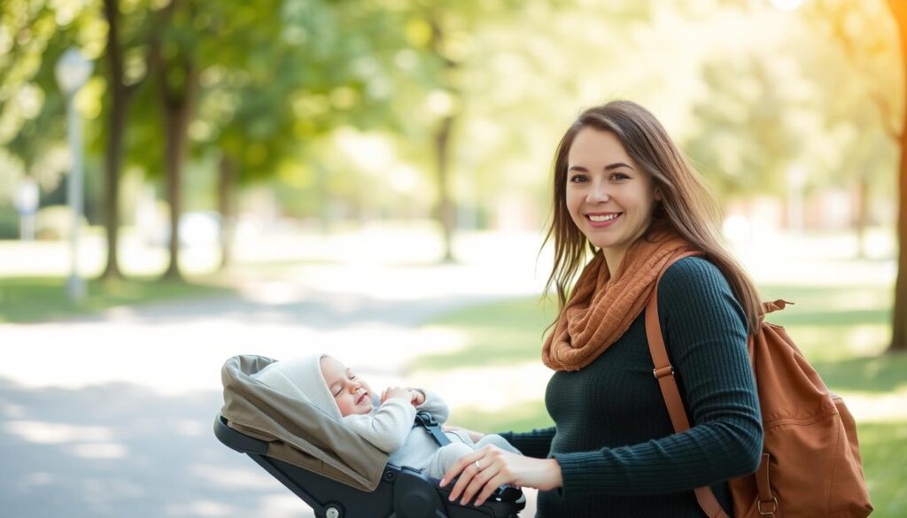 Młoda mama z dzieckiem na spacerze Młoda mama z dzieckiem na spacerze