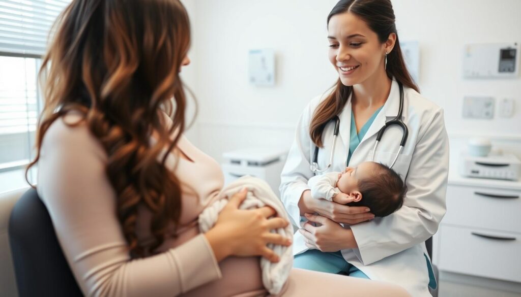 Młoda mama z noworodkiem podczas wizyty kontrolnej u ginekologa Młoda mama z noworodkiem podczas wizyty kontrolnej u ginekologa