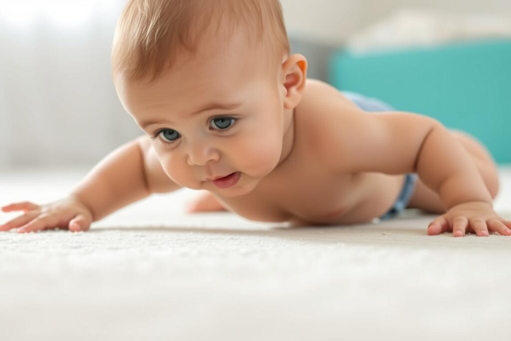 Niemowlę pełzające na brzuchu - etap poprzedzający czworakowanie Niemowlę pełzające na brzuchu - etap poprzedzający czworakowanie