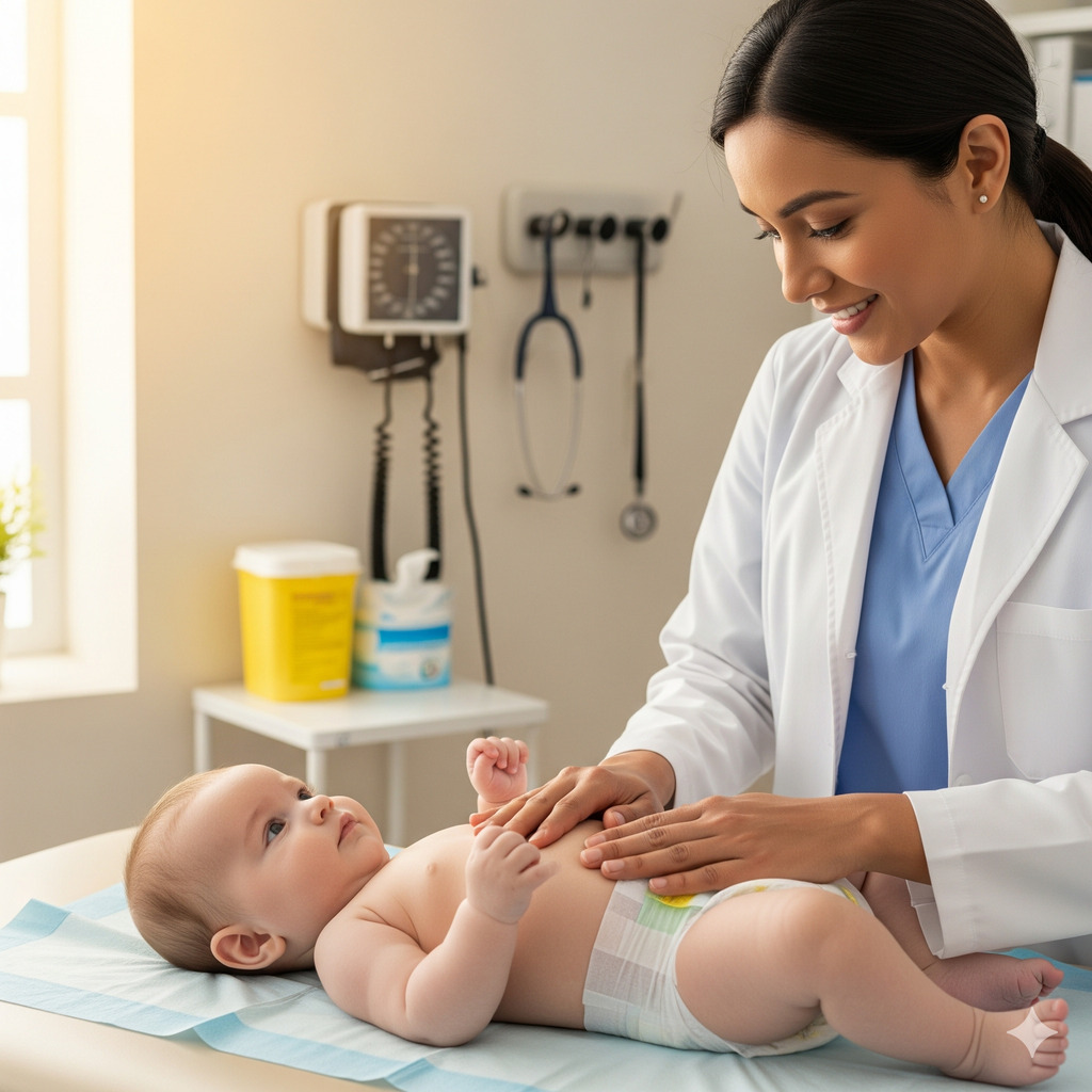 Niemowlę podczas badania brzuszka przez pediatrę Niemowlę podczas badania brzuszka przez pediatrę