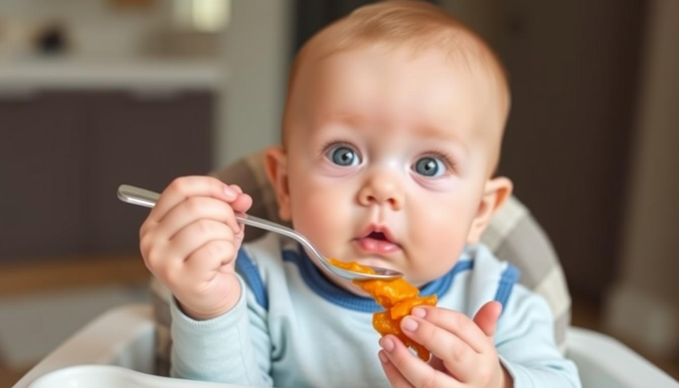 Niemowlę próbujące pierwszego posiłku stałego - przepisy dla niemowląt
