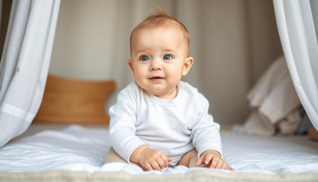 Niemowlę ubrane w przewiewne ubranka z naturalnych materiałów Niemowlę ubrane w przewiewne ubranka z naturalnych materiałów