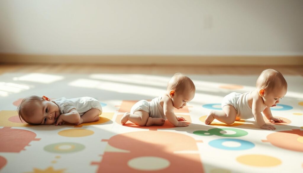 Niemowlę w różnych etapach rozwoju ruchowego - od leżenia na brzuszku do czworakowania Niemowlę w różnych etapach rozwoju ruchowego - od leżenia na brzuszku do czworakowania