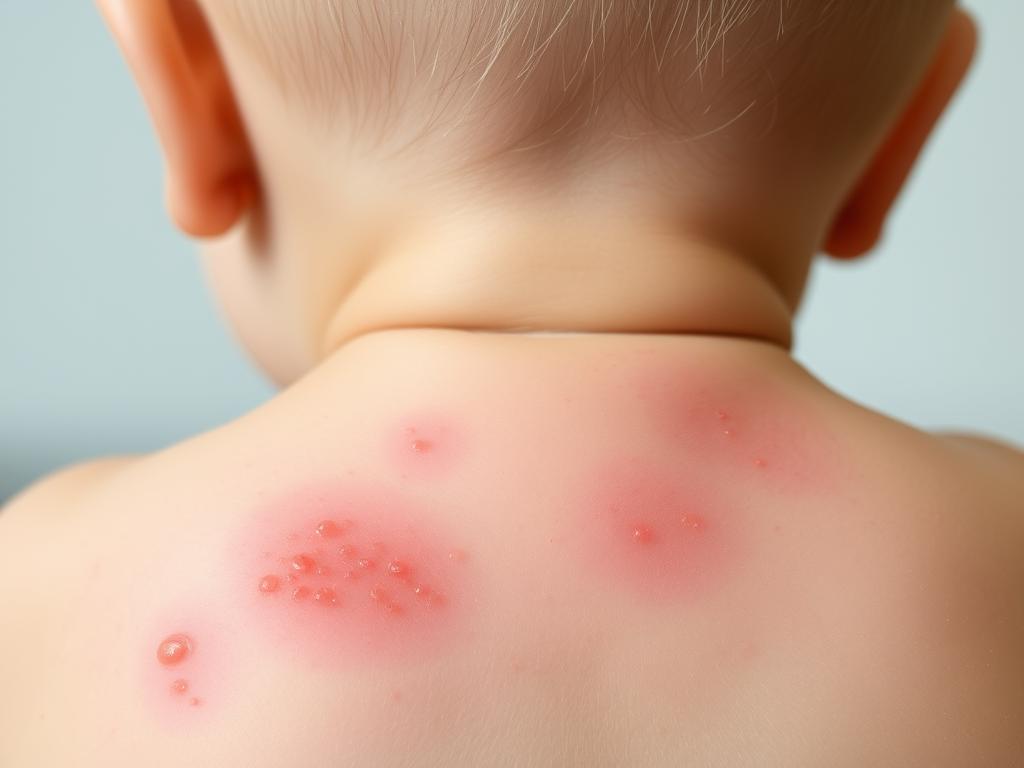 Potówki na plecach i karku niemowlaka Potówki na plecach i karku niemowlaka