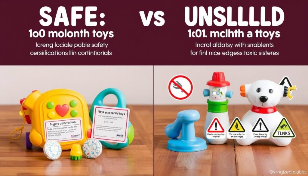 Przykłady bezpiecznych i niebezpiecznych zabawek dla 10-miesięcznego dziecka z oznaczeniami bezpieczeństwa Przykłady bezpiecznych i niebezpiecznych zabawek dla 10-miesięcznego dziecka z oznaczeniami bezpieczeństwa
