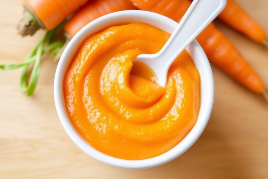 Purée z marchewki dla niemowlęcia w miseczce z łyżeczką