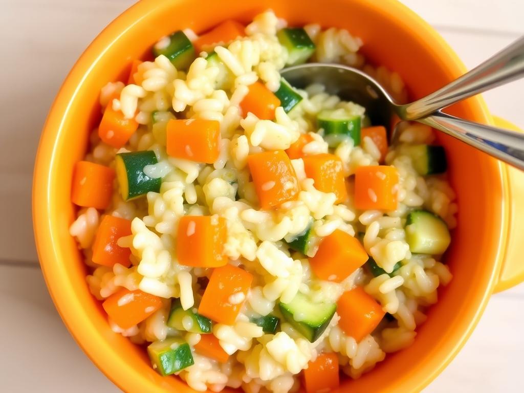 Risotto warzywne dla niemowląt w kolorowym naczyniu