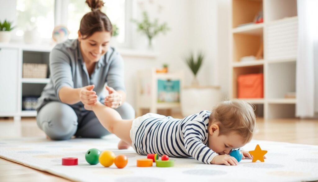 Rodzic demonstrujący ćwiczenia wspierające naukę czworakowania Rodzic demonstrujący ćwiczenia wspierające naukę czworakowania