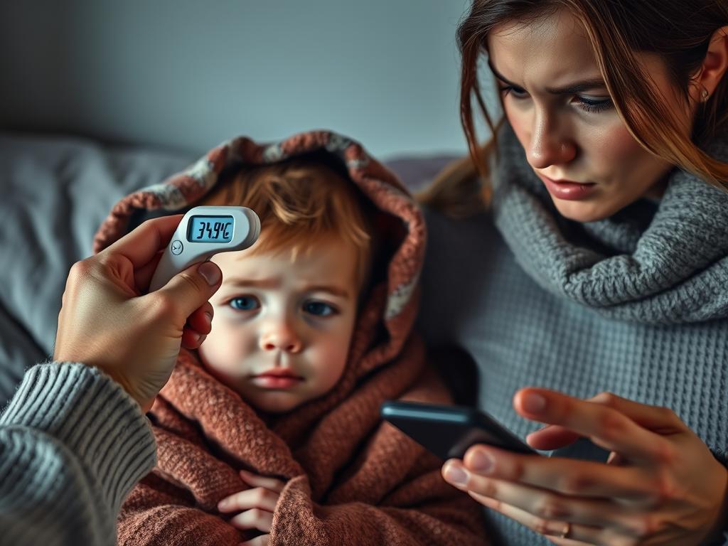 Rodzic mierzący temperaturę dziecku z objawami hipotermii