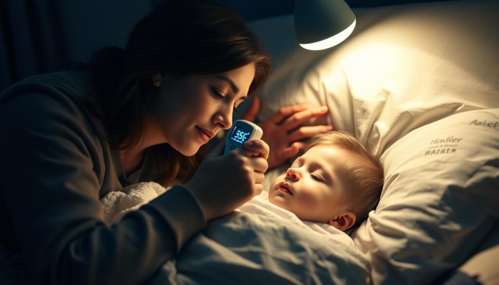 Rodzic mierzący temperaturę śpiącemu dziecku