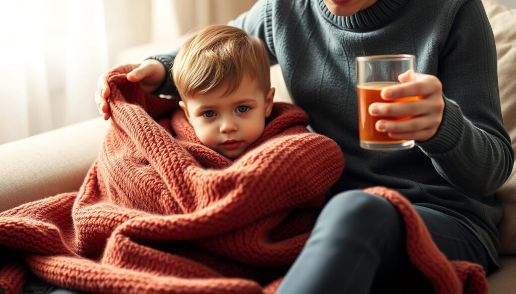 Rodzic okrywający dziecko ciepłym kocem przy niskiej temperaturze ciała