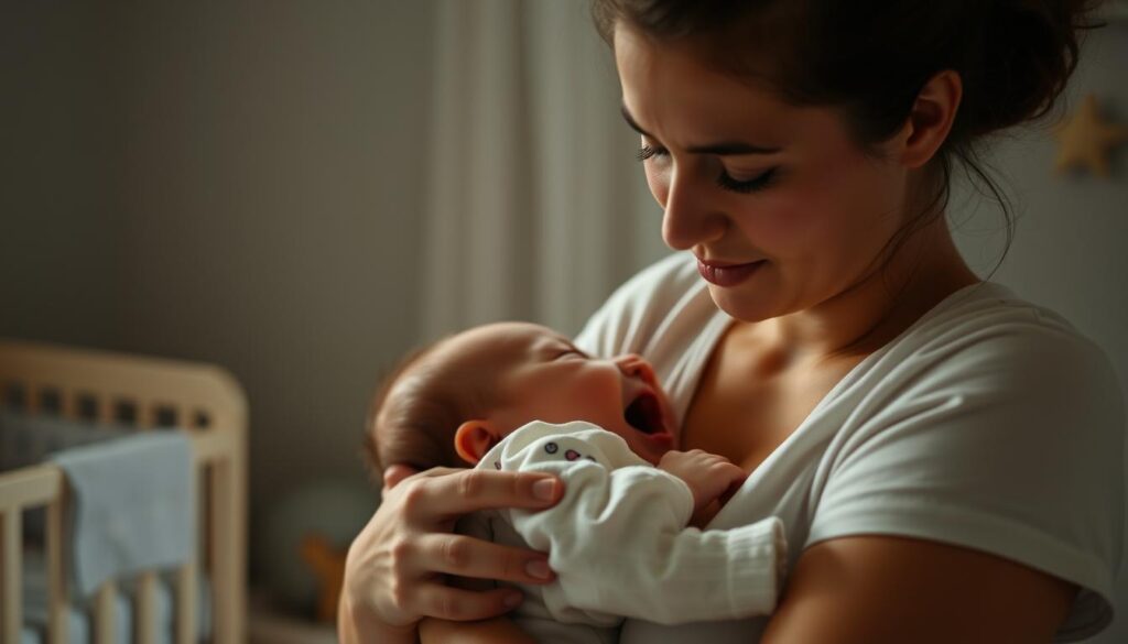 Rodzic uspokajający niemowlę podczas histerycznego płaczu przed zaśnięciem