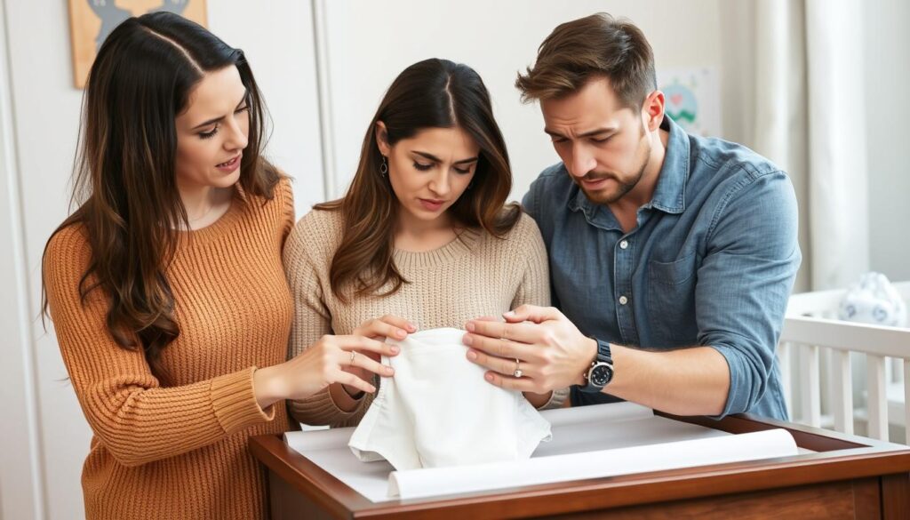 Rodzice obserwujący zawartość pieluszki niemowlaka Rodzice obserwujący zawartość pieluszki niemowlaka