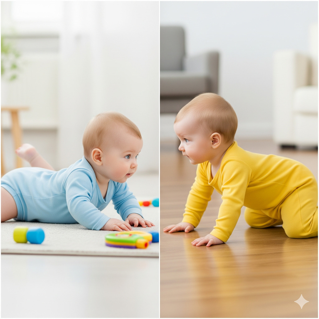 Różnica między raczkowaniem (po lewej) a czworakowaniem (po prawej) Różnica między raczkowaniem (po lewej) a czworakowaniem (po prawej)