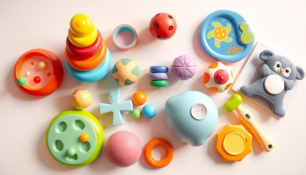 Różnorodne bezpieczne zabawki dla 10-miesięcznego dziecka ułożone na jasnym tle Różnorodne bezpieczne zabawki dla 10-miesięcznego dziecka ułożone na jasnym tle