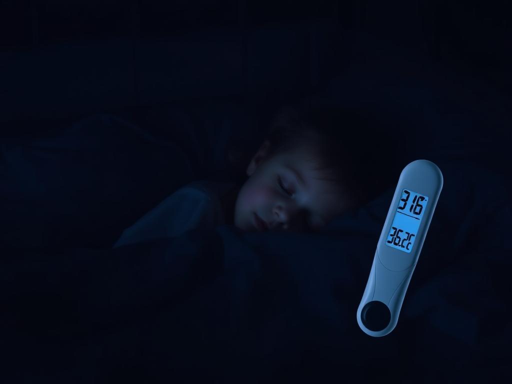 Śpiące dziecko z termometrem pokazującym niską temperaturę ciała