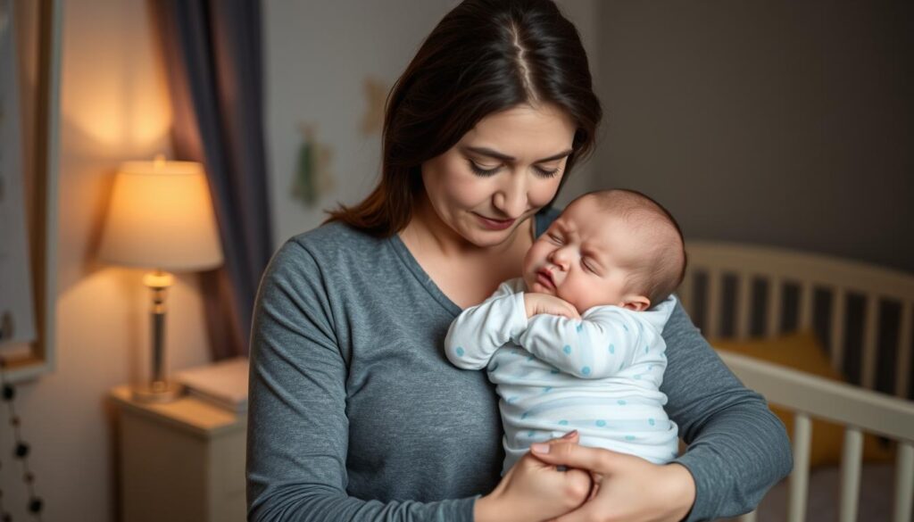 Spokojny rodzic trzymający śpiące niemowlę, które wcześniej się prężyło i stękało