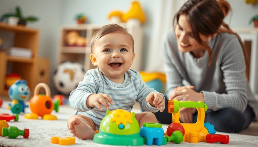 Szczęśliwe 10-miesięczne dziecko bawiące się rozwojowymi zabawkami pod czujnym okiem rodzica Szczęśliwe 10-miesięczne dziecko bawiące się rozwojowymi zabawkami pod czujnym okiem rodzica