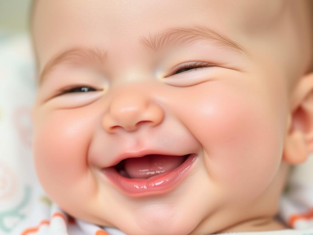 Uśmiechnięte niemowlę podczas gaworzenia, etap rozwoju dziecka rok po roku Uśmiechnięte niemowlę podczas gaworzenia, etap rozwoju dziecka rok po roku