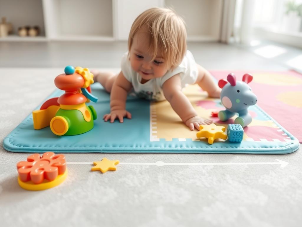 Zabawki rozłożone na macie zachęcające dziecko do czworakowania Zabawki rozłożone na macie zachęcające dziecko do czworakowania
