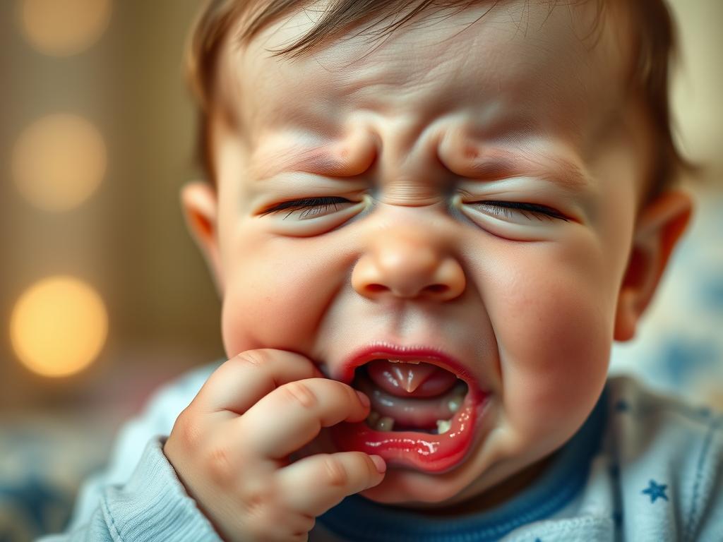 Ząbkujące niemowlę podczas histerycznego płaczu przed snem