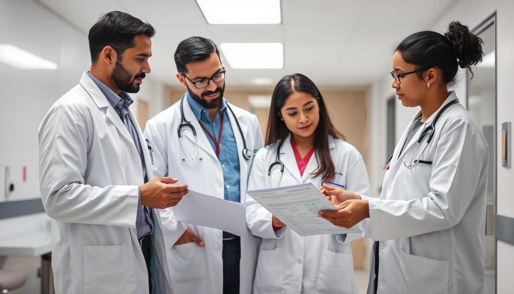 Zespół lekarzy pediatrów omawiających przypadek niemowlęcia z nitkami krwi w kupce Zespół lekarzy pediatrów omawiających przypadek niemowlęcia z nitkami krwi w kupce